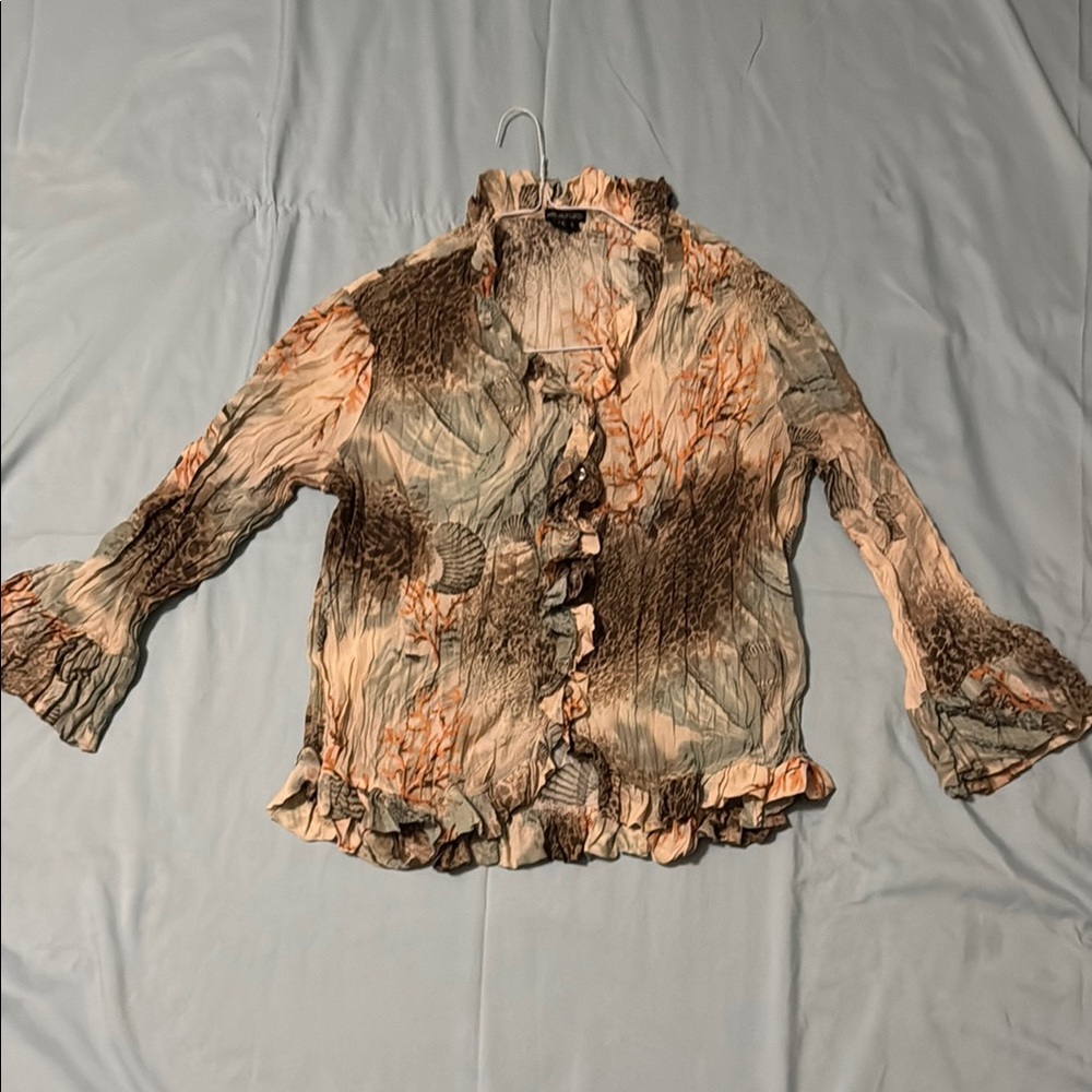 Cream and Brown Ruffled Button Down Shirt